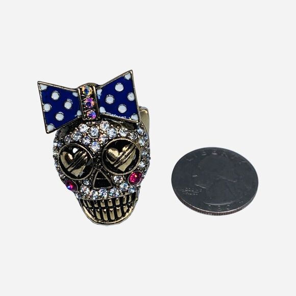 Betsey Johnson Sugar Skull Ring Sz 7 Crystal Stretch Ivy League Polka Dot - Picture 12 of 14